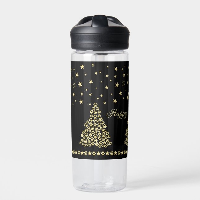 Happy Pawlidays, Gold shiny Paw Christmas tree Water Bottle (Front)