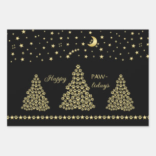 Happy Pawlidays, Gold shiny Paw Christmas tree Wrapping Paper Sheet