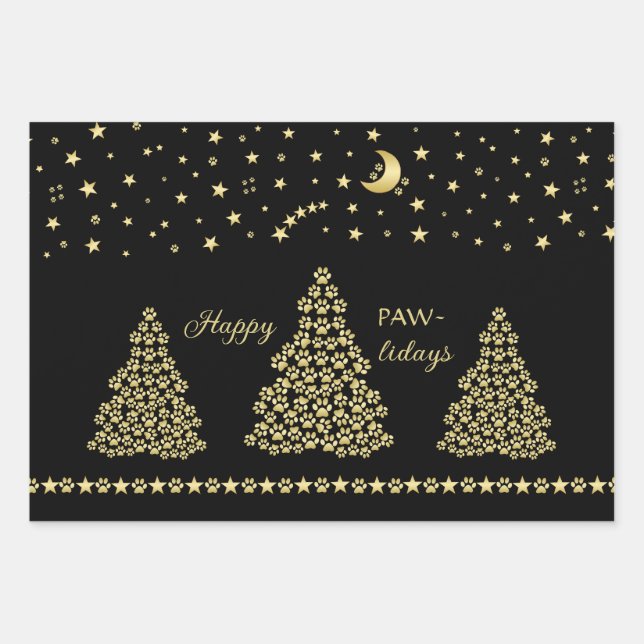 Happy Pawlidays, Gold shiny Paw Christmas tree Wrapping Paper Sheet (Front)