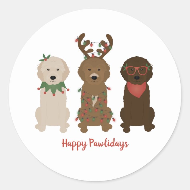 Happy Pawlidays Goldendoodle Christmas Lights Classic Round Sticker (Front)