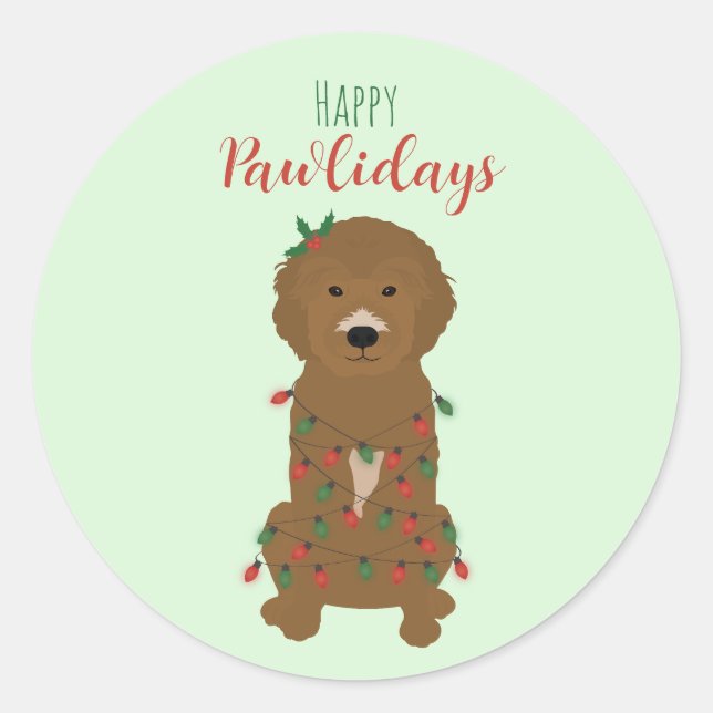 Happy Pawlidays Goldendoodle Christmas Lights Classic Round Sticker (Front)