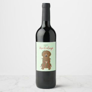 Happy Pawlidays Goldendoodle Christmas Lights Wine Label
