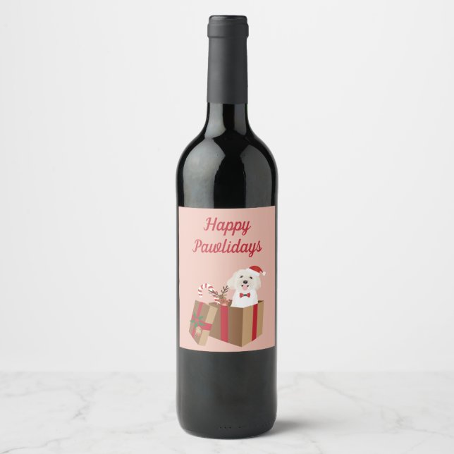 Happy Pawlidays Maltipoo Christmas Present Wine Label (Front)