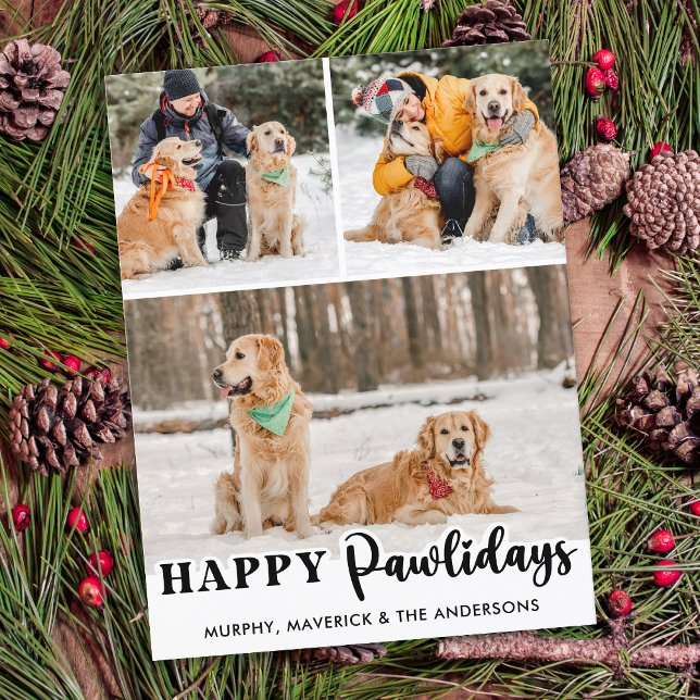 Happy Pawlidays Personalized Cute Pet Dog 3 Photo Holiday Postcard (Creator Uploaded)