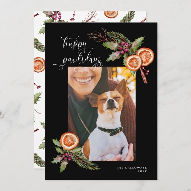 Happy Pawlidays Pet Photo Christmas Black Holiday Card (Front/Back)