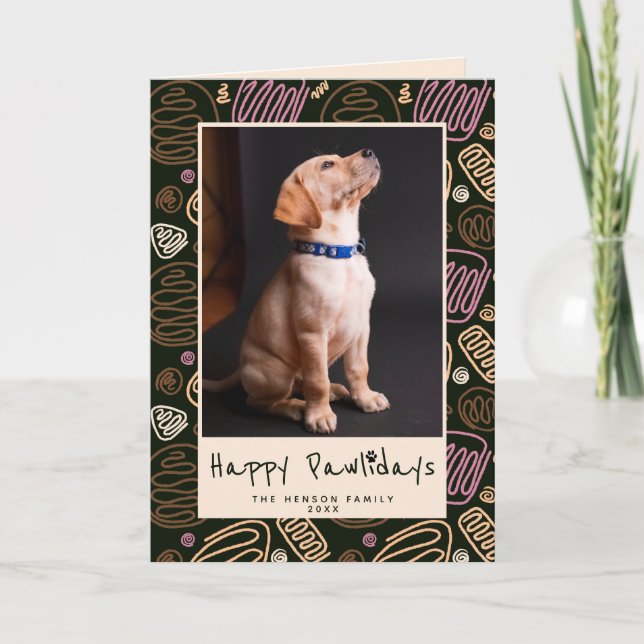 Happy Pawlidays Pink Black One Line Dog Photo Holiday Card (Front)