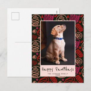 Happy Pawlidays Red One Line Pattern Dog Pet Photo Holiday Postcard
