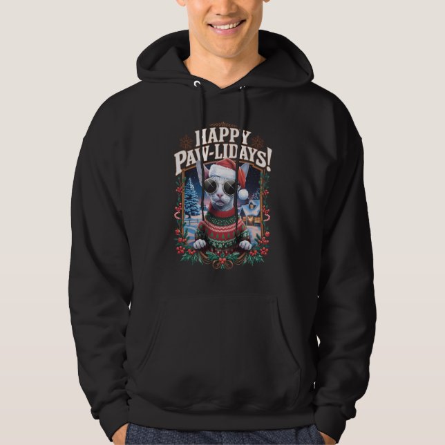 Happy Pawlidays Sphynx Cat Merry Christmas Holiday Hoodie (Front)