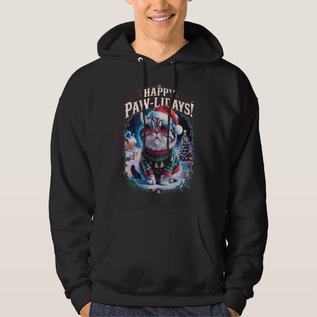Happy Pawlidays Tuxedo Cat Merry Christmas Holiday Hoodie (Front)