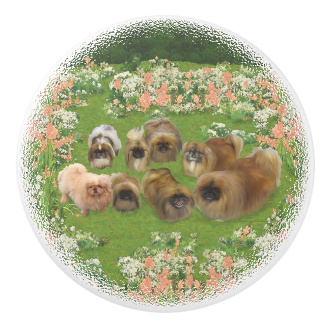 Happy Pekingese Group Ceramic Knob (Front)
