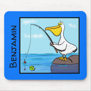 Happy pelican with fishing pole cartoon mouse mat