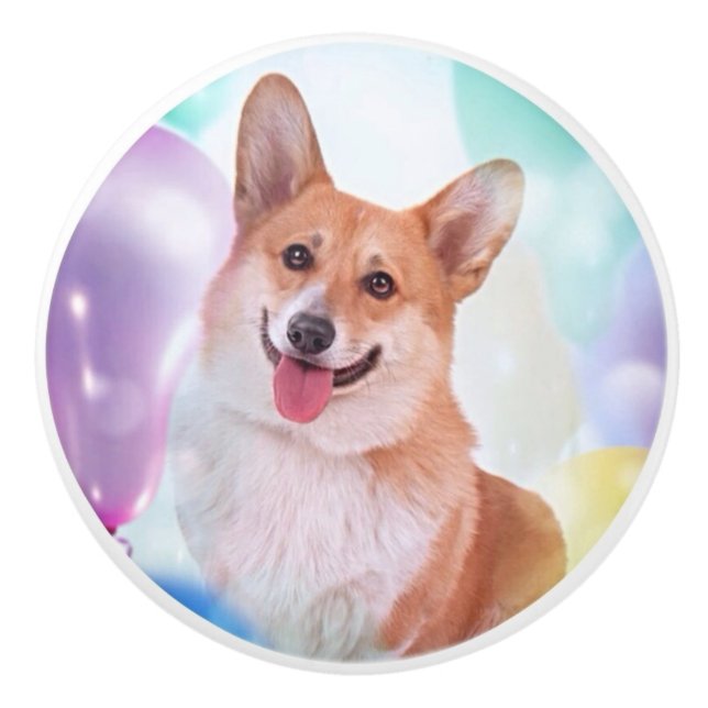 Happy Pembroke Welsh Corgi with Balloons Ceramic Knob (Front)