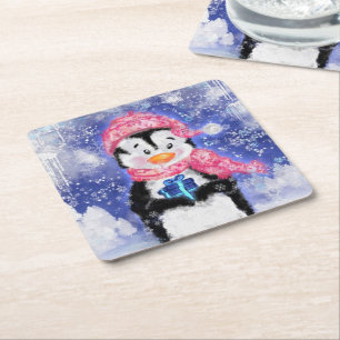 Happy Penguin - Christmas - Square Paper Coaster