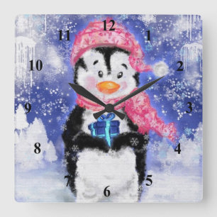 Happy Penguin - Christmas - Square Wall Clock