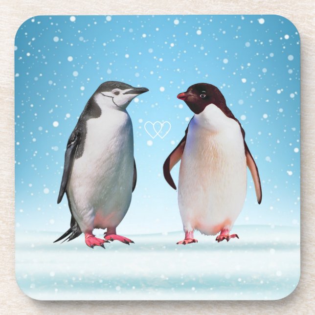 Happy Penguin Couple and Hearts Coaster (Front)