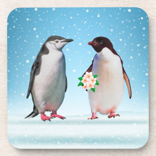 Happy Penguin Couple, One Holding Flowers Coaster