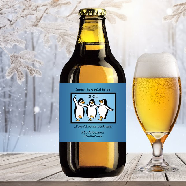 Happy Penguin Dancing Groomsmen Beer Label (A cute beer label featuring happily dancing cartoon penguins. Great to ask a best man)