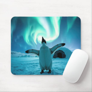 Happy Penguin Dancing Under Northern Lights Mouse Mat