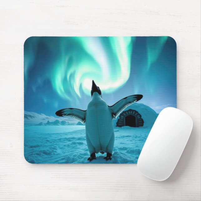 Happy Penguin Dancing Under Northern Lights Mouse Mat (With Mouse)
