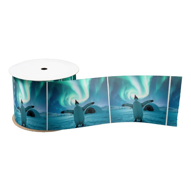 Happy Penguin Dancing Under Northern Lights Satin Ribbon (Spool)