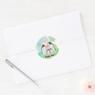 Happy penguin family with colorful balloons classic round sticker