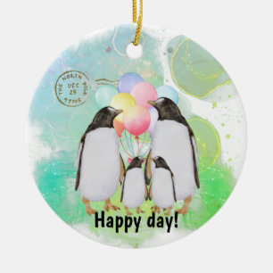 Happy penguin family with colourful balloons ceramic tree decoration