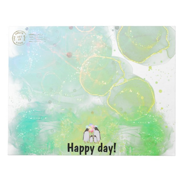 Happy penguin family with colourful balloons notepad (Front)