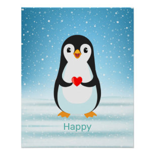 Happy Penguin Holding a Heart Poster