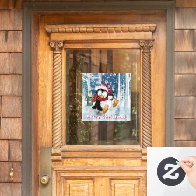 Happy Penguin - Merry Christmas - Cheers - Fun  Window Cling (Home Door)