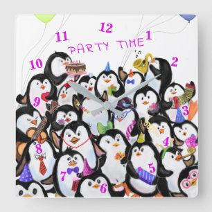 Happy Penguins Party Cartoon Drawing - Cute Funny  Square Wall Clock