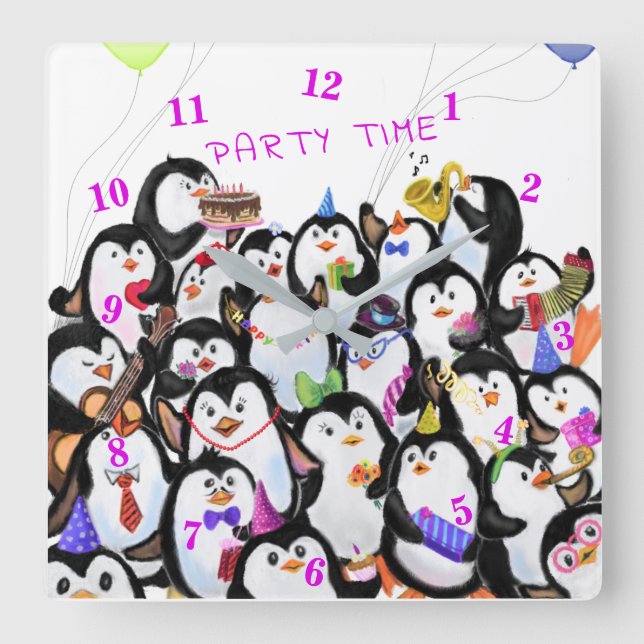Happy Penguins Party Cartoon Drawing - Cute Funny  Square Wall Clock (Front)