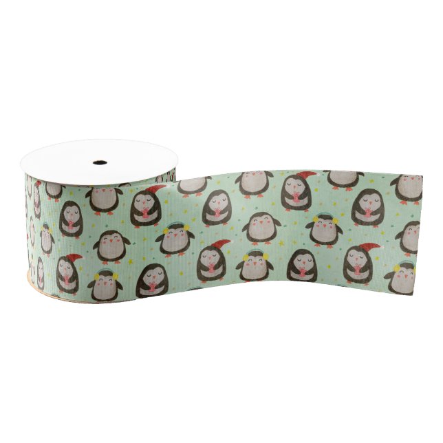 Happy Penguins Wearing Santa Hats w/Ear Muffs Grosgrain Ribbon (Spool)