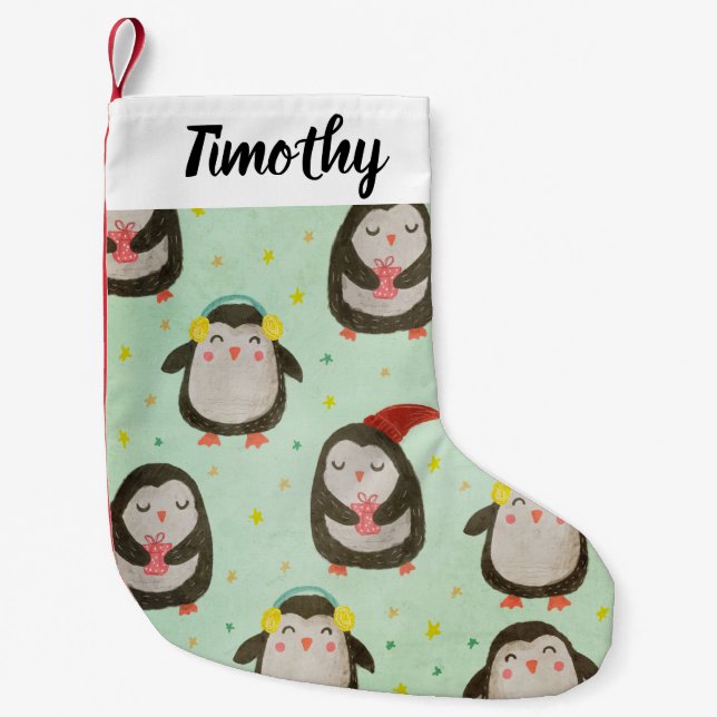 Happy Penguins Wearing Santa Hats w/Ear Muffs Small Christmas Stocking (Front)