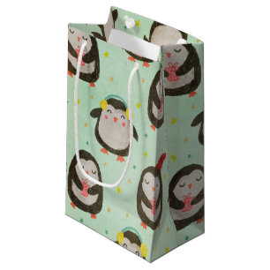 Happy Penguins Wearing Santa Hats w/Ear Muffs Small Gift Bag