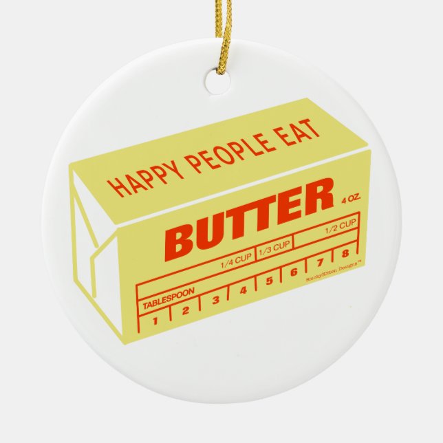 Happy People Eat Butter (Red) Ceramic Tree Decoration (Front)