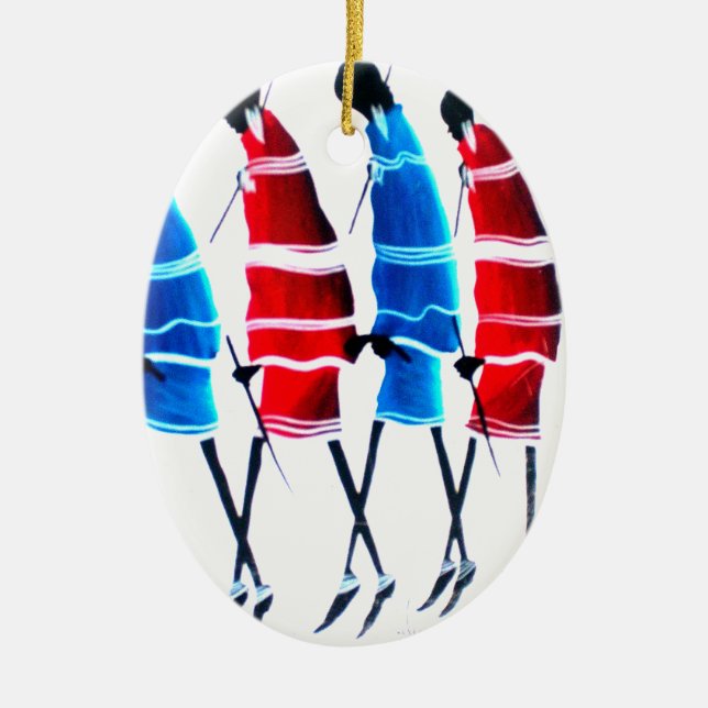 Happy People Maasai Warriors Walking Art Print Ceramic Tree Decoration (Front)