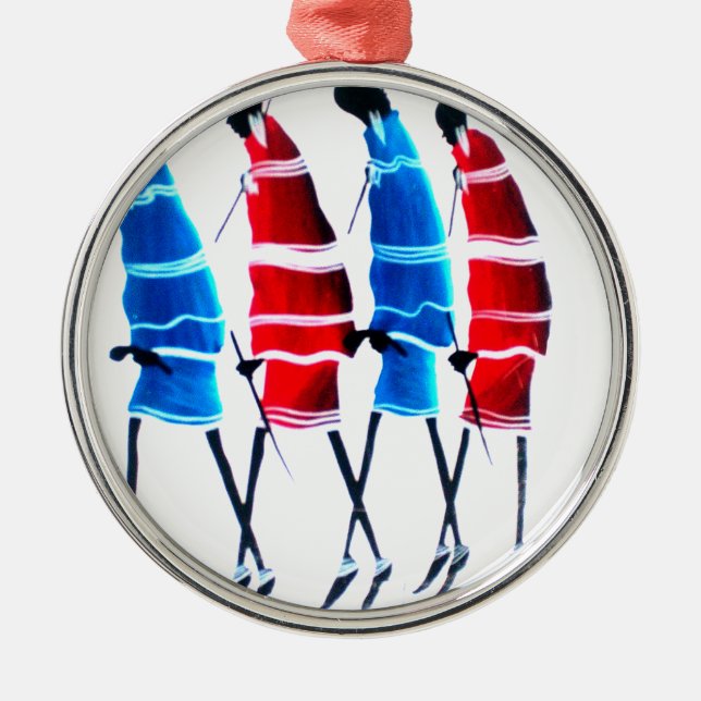 Happy People Maasai Warriors Walking Art Print Metal Tree Decoration (Front)