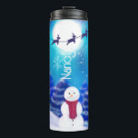 Happy Personalised Christmas Snowman  Thermal Tumbler<br><div class="desc">This design features a north pole christmas background,  with santa and his reindeer and a snowman</div>