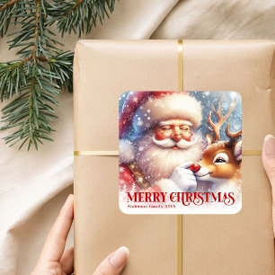Happy Personalized Santa Rudolph Christmas Party Square Sticker