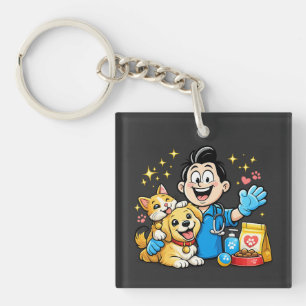 Happy Pet Care Mascot Cute Animal Cartoon Art Key Ring