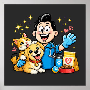 Happy Pet Care Mascot Cute Animal Cartoon Art Poster