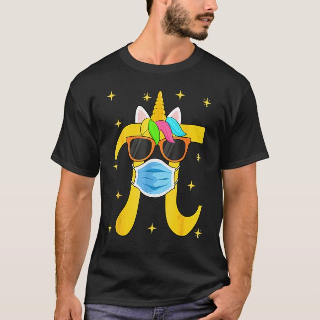 Happy Pi Day Pi Unicorn Face Wearing Mask Glasses T-Shirt (Front)