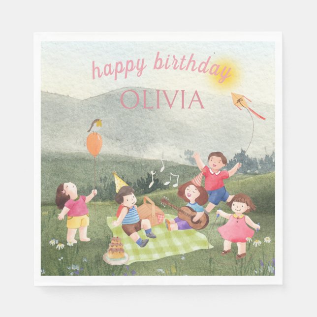 Happy Picnic Birthday Kids Girl Garden Invitation Napkin (Front)