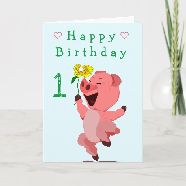 Happy Pig Baby Birthday Card - Customisable (Front)