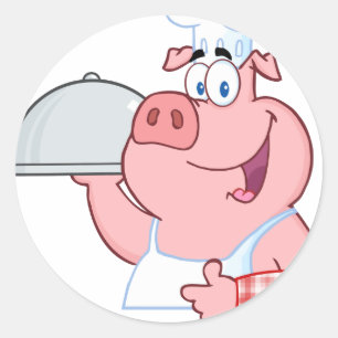 Happy Pig Chef Holding A Platter Sign Classic Round Sticker