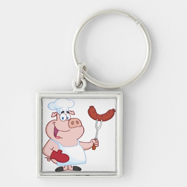 Happy Pig Chef  With Sausage Fork Key Ring (Front)