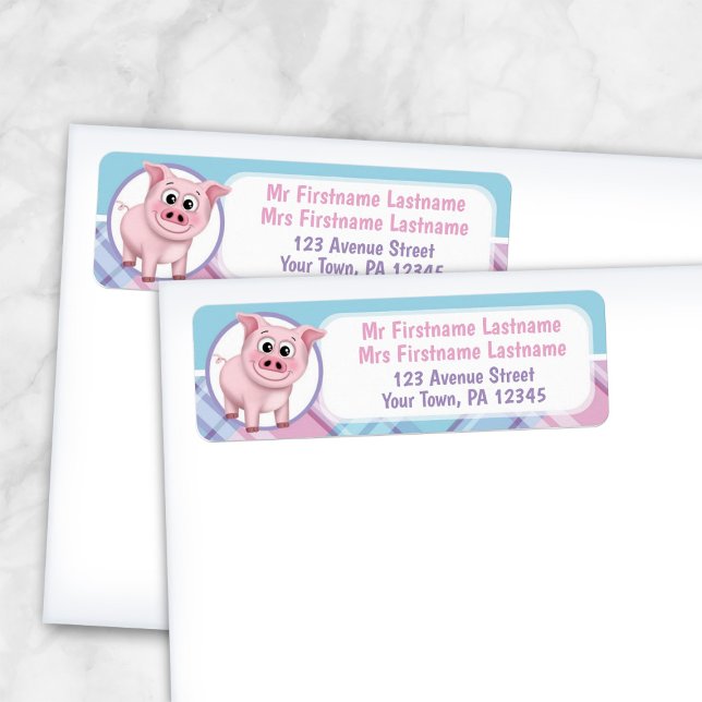 Happy Pig Pink Blue Purple Plaid Address Labels (Creator Uploaded)