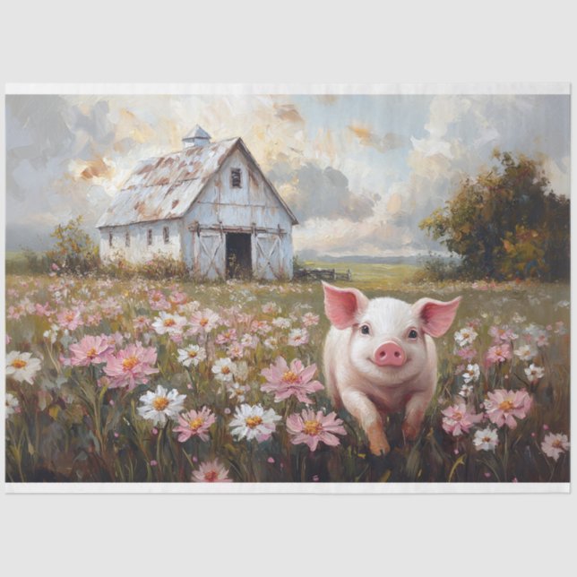 Happy Pig Pink Wildflowers Decoupage Tissue Paper (Front)
