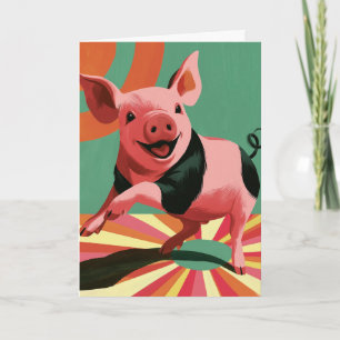 Happy Pig Retro Sunburst Colourful Art Card