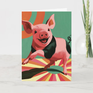 Happy Pig Retro Sunburst Colourful Art Card